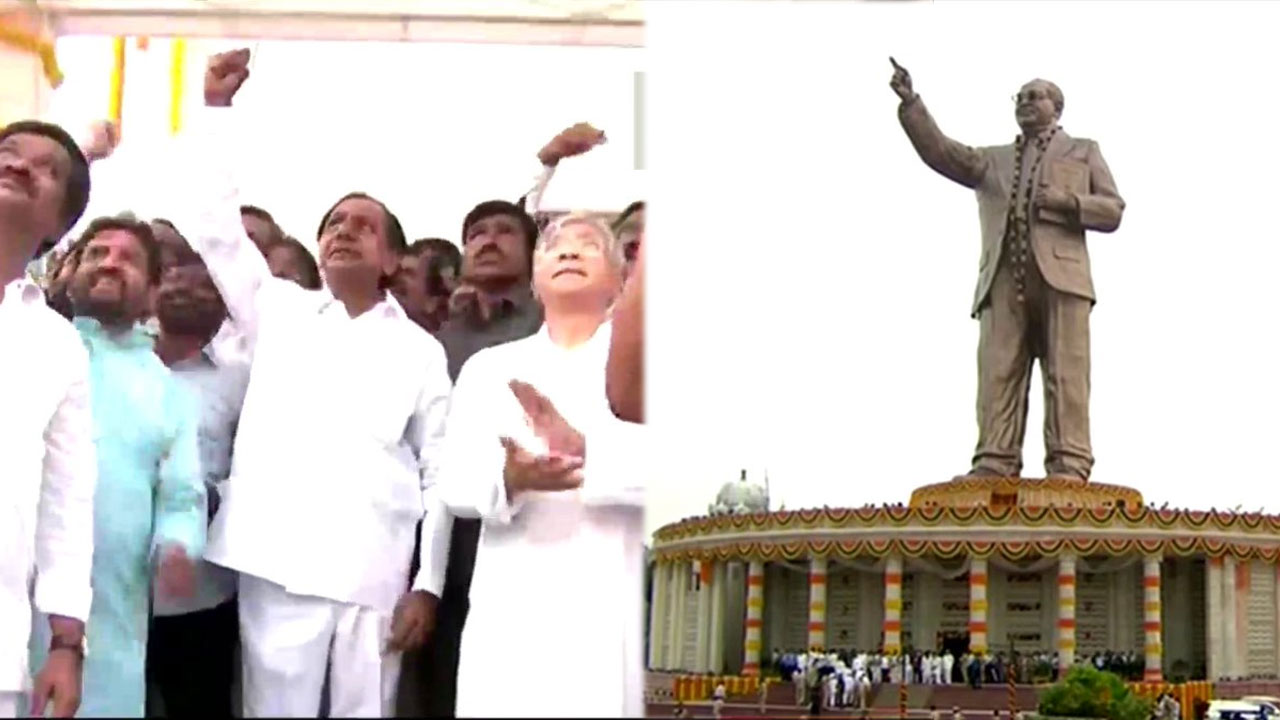 Ambedkar statue: అంబేడ్కర్ విగ్రహాన్ని ఆవిష్కరించిన కేసీఆర్, ప్రకాష్ అంబేడ్కర్