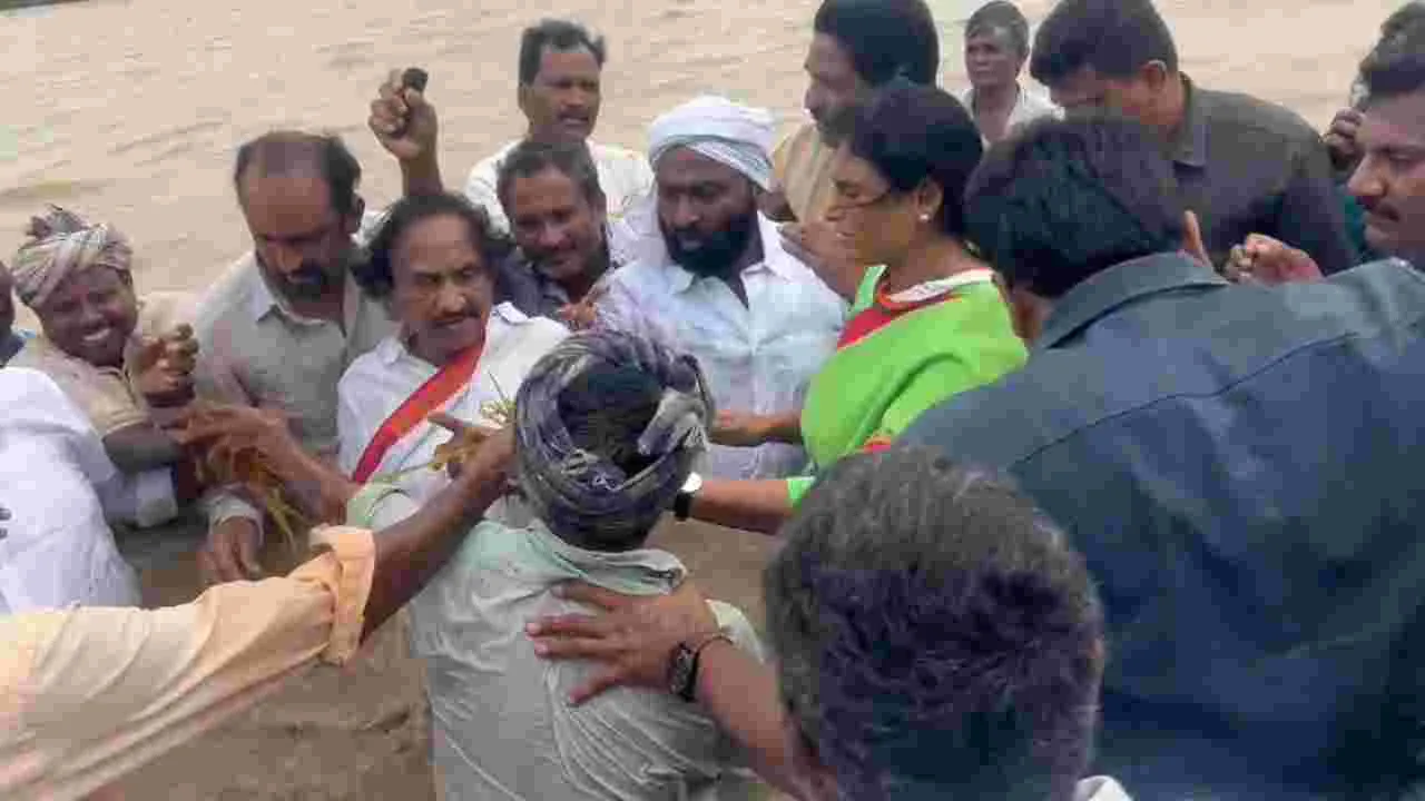 AP Floods: రైతుల కోసం పీసీసీ చీఫ్ వైఎస్ షర్మిల వినూత్న నిరసన