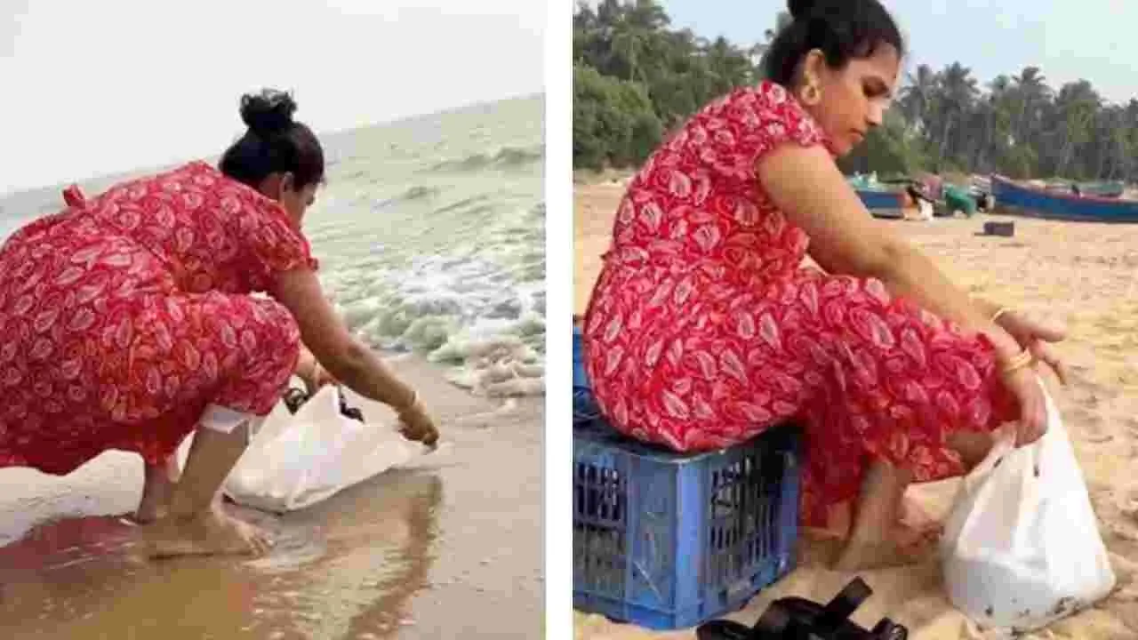 Viral Video: ఈ ఆంటీ తెలివికి హ్యాట్సాఫ్ చెప్పాల్సిందే.. ఈమె సముద్రంలో నీళ్లు ఎందుకు పడుతోందంటే..