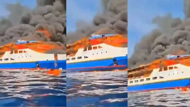 Ferry Fire: మంటల్లో ఫెర్రీ.. సముద్రంలోకి దూకిన ప్రయాణికులు