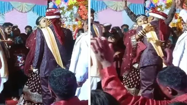 Bride and Groom: వేదిక పైనే వరుడిని ముద్దులతో ముంచెత్తిన వధువు.. పురోహితుడి రియాక్షన్ చూస్తే.. 