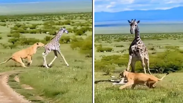 Giraffe vs Lion: జిరాఫీకి ఇంత బలం ఉంటుందా.. సింహం బారి నుంచి తన బిడ్డను ఎలా కాపడుకుందో చూడండి..