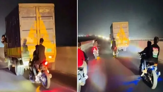 Dangerous bike stunt: ఇదేం పోయేకాలం సోదరా.. ట్రక్ వెనుక బైక్‌ ఎలా నడుపుతున్నాడో చూడండి.. 