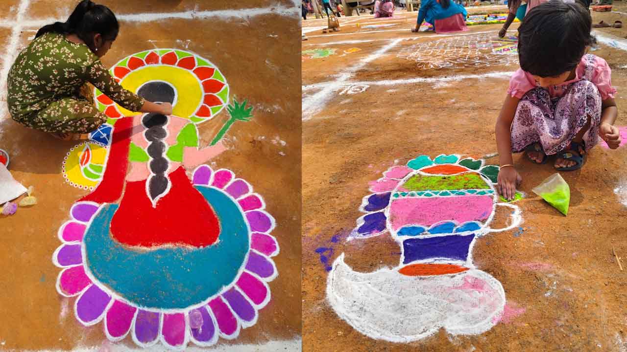 ఏబీఎన్ ఆంధ్రజ్యోతి ఆధ్వర్యంలో రంగవల్లుల పోటీలు.. పోటెత్తిన మహిళలు