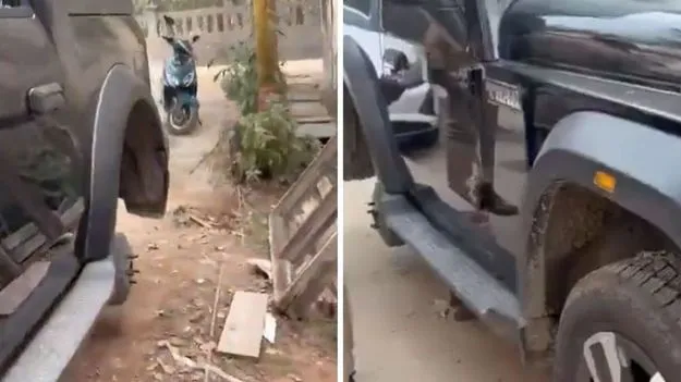 Mahindra Car Tyre Theft: మహీంద్రా కారు కింద ఇటుకలు పెట్టి.. టైర్ల చోరీ