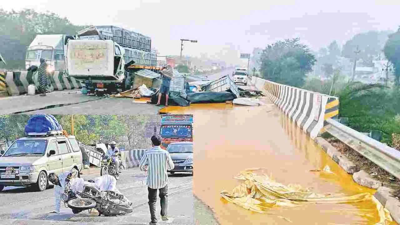 Road Accident: మామిడి జ్యూస్‌ కంటెయినర్‌ బోల్తా