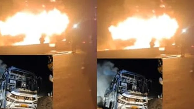 విద్యుత్‌ స్తంభాన్ని ఢీకొట్టి.. దగ్ధమైన బస్సు