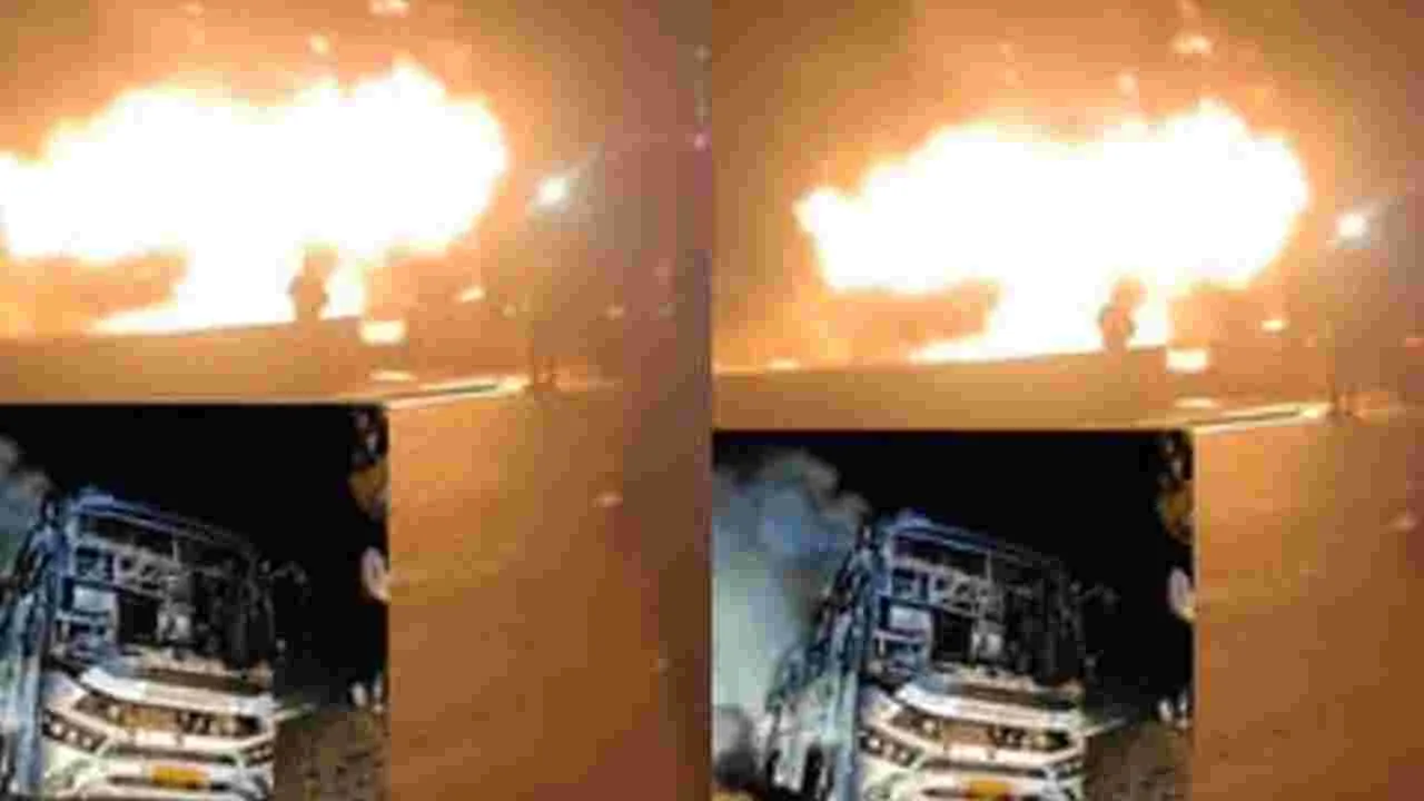 విద్యుత్‌ స్తంభాన్ని ఢీకొట్టి.. దగ్ధమైన బస్సు