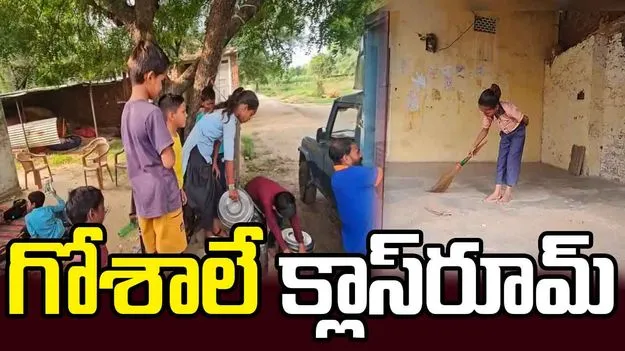 గోశాలలోనే తరగతులు.. విద్యార్థులతో స్కూల్‌ పనులు..