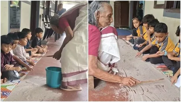 ఇసుకనే బ్లాక్‌బోర్డ్‌గా మార్చి పాఠాలు చెబుతున్న కేరళ బామ్మ!