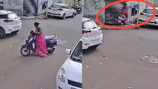రోడ్డుపై స్కూటీ నేర్చుకుంటుండగా ప్రమాదం.. వైరల్‌గా మారిన వీడియో..