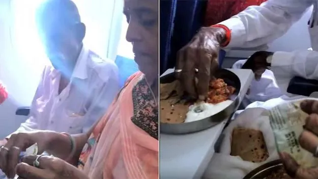 విమానంలో స్టీల్ ప్లేట్‌లో వృద్ధ దంపతుల భోజనం.. నెటిజన్ల మధ్య హాట్ డిబేట్..